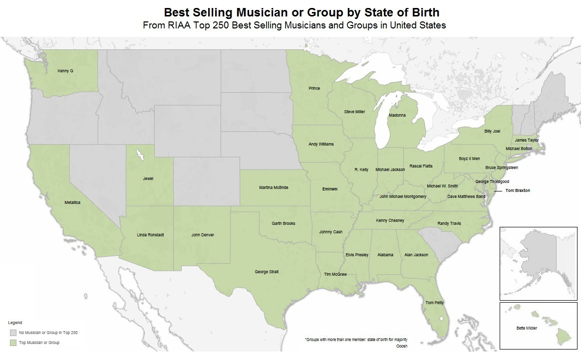 Map - Best-Selling Musician Or Group By State Of Birth